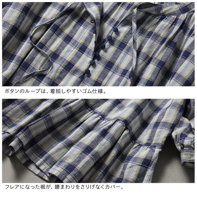 はちみつ堂 朝顔チェックのブラウス レディース プルオーバー 七分袖 7分袖 パフスリーブ スキッパー風 リネン混 トップス_12