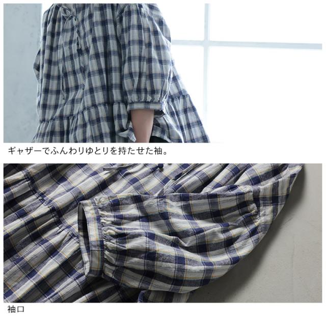 はちみつ堂 朝顔チェックのブラウス レディース プルオーバー 七分袖 7分袖 パフスリーブ スキッパー風 リネン混 トップス_13