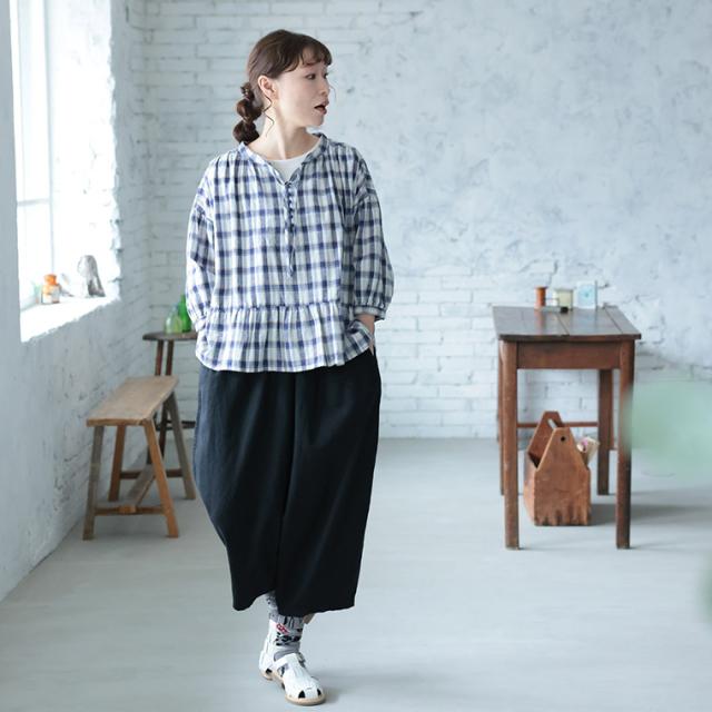 はちみつ堂 朝顔チェックのブラウス レディース プルオーバー 七分袖 7分袖 パフスリーブ スキッパー風 リネン混 トップス_4