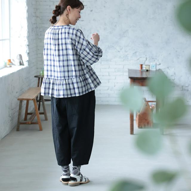はちみつ堂 朝顔チェックのブラウス レディース プルオーバー 七分袖 7分袖 パフスリーブ スキッパー風 リネン混 トップス_6