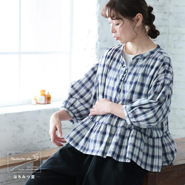 はちみつ堂 朝顔チェックのブラウス レディース プルオーバー 七分袖 7分袖 パフスリーブ スキッパー風 リネン混 トップス_8