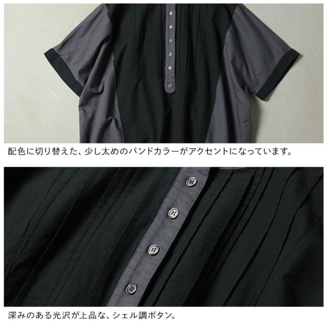 ふくろうと月 黒とクロを味わうブラウス レディース プルオーバー 5分袖 半袖 ノーカラー バンドカラー リネン混 トップス_12