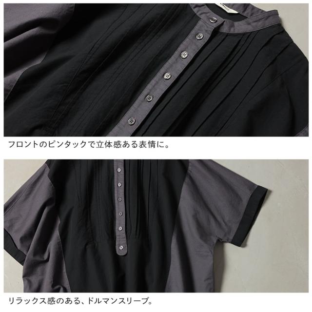 ふくろうと月 黒とクロを味わうブラウス レディース プルオーバー 5分袖 半袖 ノーカラー バンドカラー リネン混 トップス_13