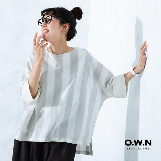 O.W.N 淡く爽やかなドルマンのプルオーバー レディース ブラウス 7分袖 ドルマンスリーブ ストライプ リネン混 トップス_8