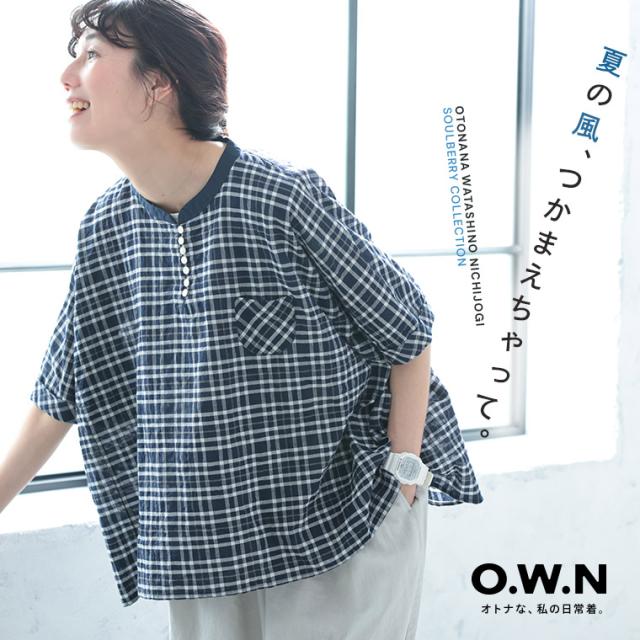 O.W.N 風待ちチェックのプルオーバー レディース ブラウス プルオーバー 5分袖 半袖 ドルマンスリーブ トップス