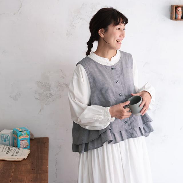 【ついに再入荷！】ふくろうと月 午後三時のベスト レディース ジレ ノースリーブ クルーネック フリル 綿 コットン トップス_4