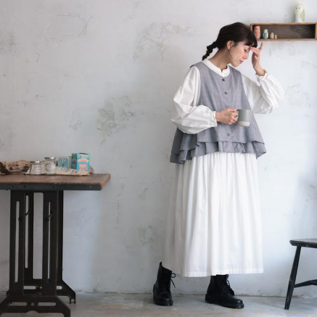 【ついに再入荷！】ふくろうと月 午後三時のベスト レディース ジレ ノースリーブ クルーネック フリル 綿 コットン トップス_6