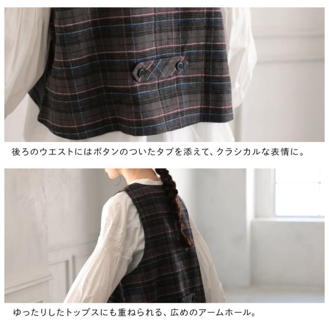 O.W.N 秋の気配を重ねるベスト レディース プルオーバー ノースリーブ Vネック リネン混 麻混 チェック トップス_11