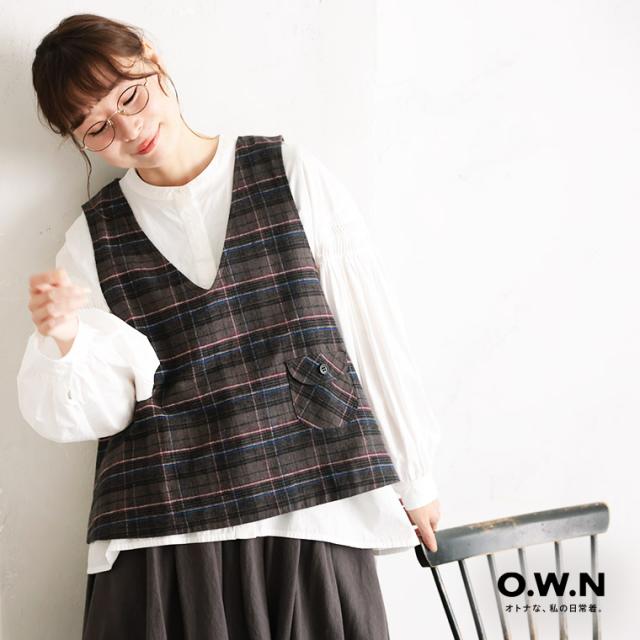 O.W.N 秋の気配を重ねるベスト レディース プルオーバー ノースリーブ Vネック リネン混 麻混 チェック トップス_7