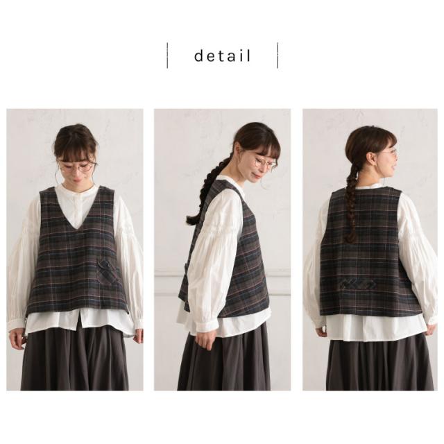 O.W.N 秋の気配を重ねるベスト レディース プルオーバー ノースリーブ Vネック リネン混 麻混 チェック トップス_9