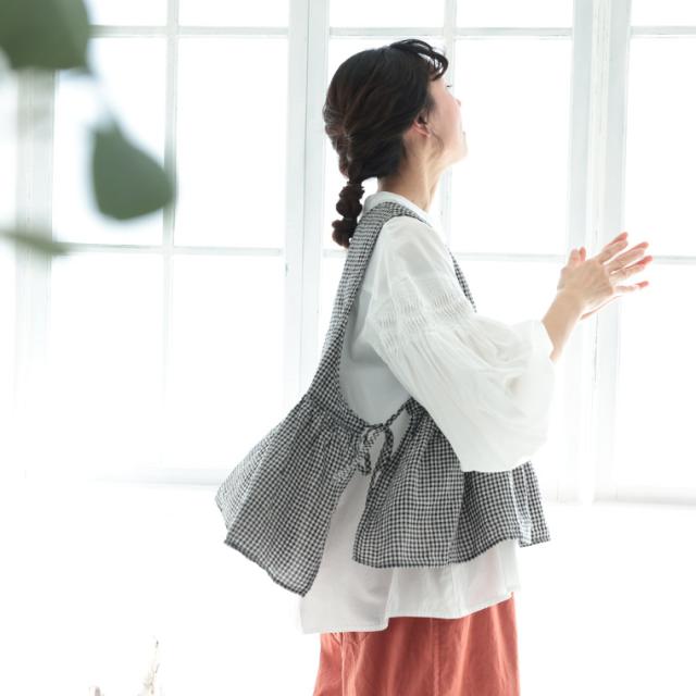 「わがまま別注」ギンガムな、おねがいベスト レディース ノースリーブ クルーネック 重ね着 ビスチェ 麻 リネン トップス_3