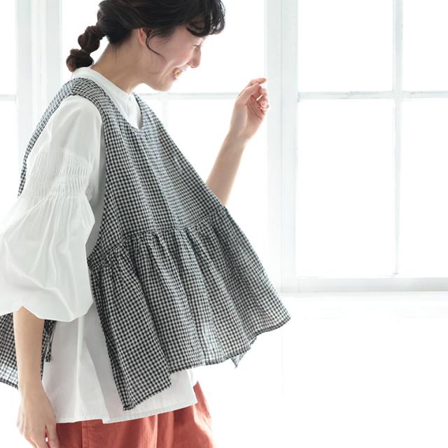 「わがまま別注」ギンガムな、おねがいベスト レディース ノースリーブ クルーネック 重ね着 ビスチェ 麻 リネン トップス_5