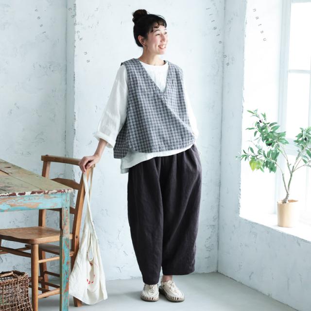 あしたのふく 夏仕立てのチェックなベスト レディース ノースリーブ Vネック 麻混 リネン混 トップス_5