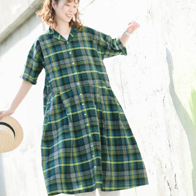 【ついに再入荷！】メロンソーダのワンピース レディース ロング フレア Aライン 5分袖 チェック柄 リネン混