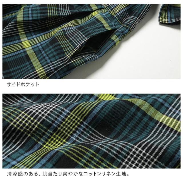 【ついに再入荷！】メロンソーダのワンピース レディース ロング フレア Aライン 5分袖 チェック柄 リネン混