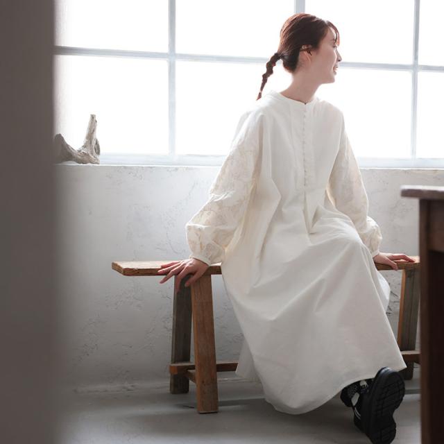 【ついに再入荷！】はちみつ堂 味わい刺繍ワンピース レディース ノーカラー バンドカラー パフスリーブ バルーンスリーブ_6