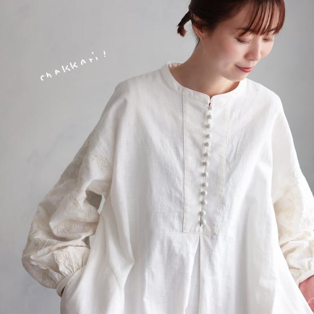 【ついに再入荷！】はちみつ堂 味わい刺繍ワンピース レディース ノーカラー バンドカラー パフスリーブ バルーンスリーブ_8