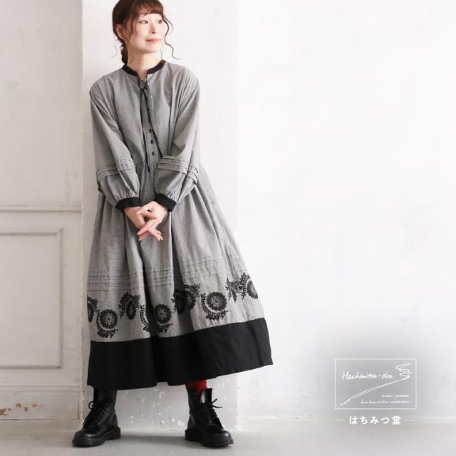 【ついに再入荷！】はちみつ堂 裾に咲くワンピース レディース ロング フレア Aライン 長袖 パフスリーブ ノーカラー ついに再入荷！】はちみつ堂 裾に咲くワンピース レディース ロング