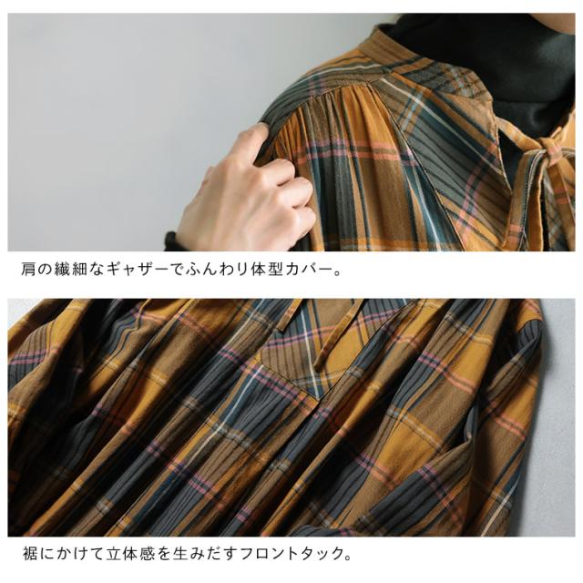 店長がつくったハニーマスタードなワンピース レディース ロング フレア Aライン 長袖 スキッパー風 綿 コットン チェック