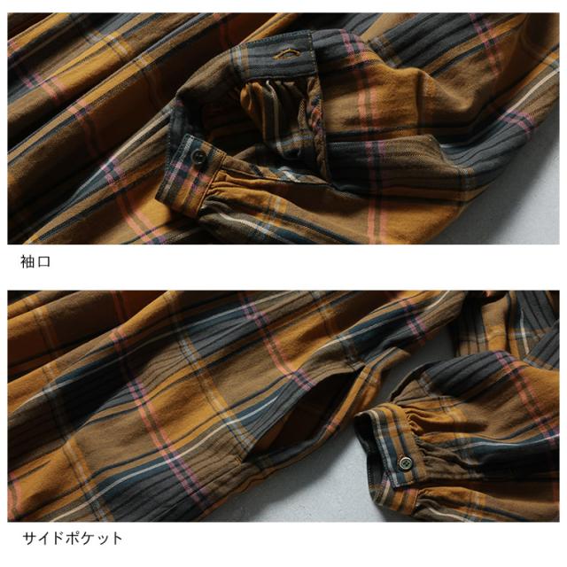 店長がつくったハニーマスタードなワンピース レディース ロング フレア Aライン 長袖 スキッパー風 綿 コットン チェック