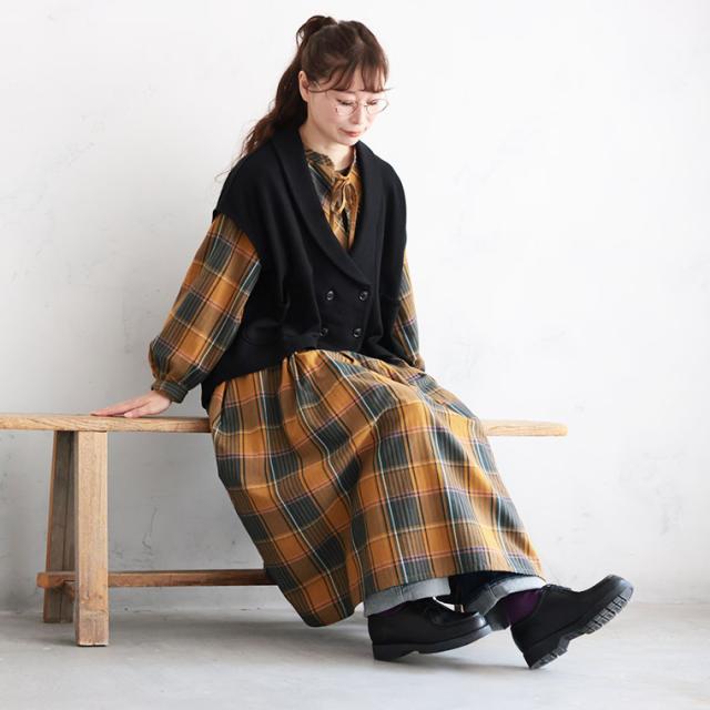 店長がつくったハニーマスタードなワンピース レディース ロング フレア Aライン 長袖 スキッパー風 綿 コットン チェック