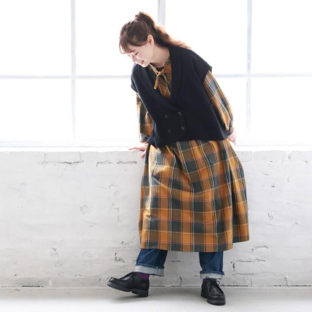 店長がつくったハニーマスタードなワンピース レディース ロング フレア Aライン 長袖 スキッパー風 綿 コットン チェック