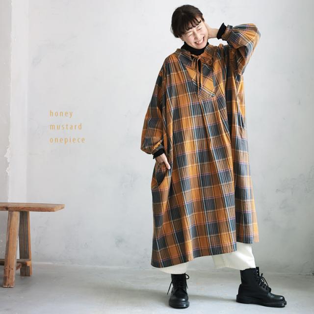 店長がつくったハニーマスタードなワンピース レディース ロング フレア Aライン 長袖 スキッパー風 綿 コットン チェック