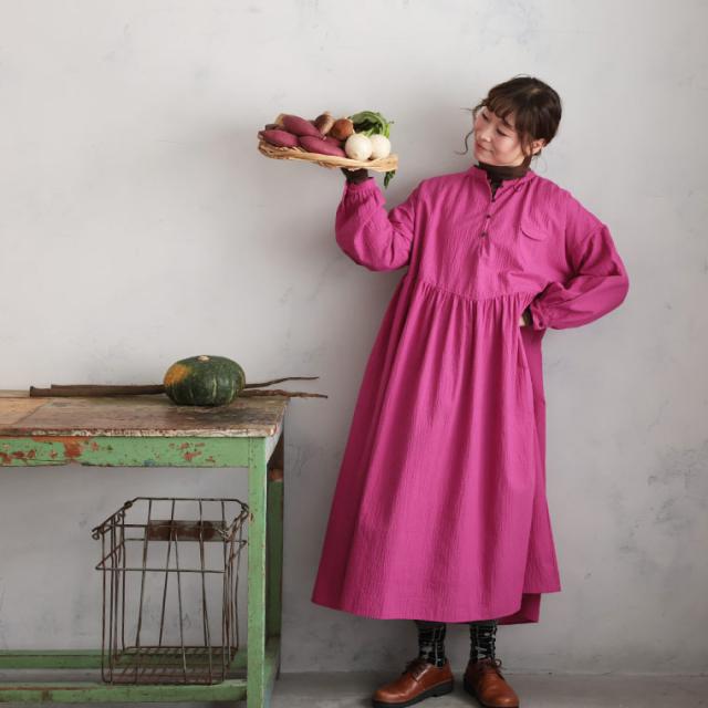 秋のお野菜色ワンピース レディース ロング フレア Aライン 長袖 パフスリーブ ノーカラー バンドカラー 綿 コットン 秋のお野菜色ワンピース レディース ロング フレア Aライン 長袖