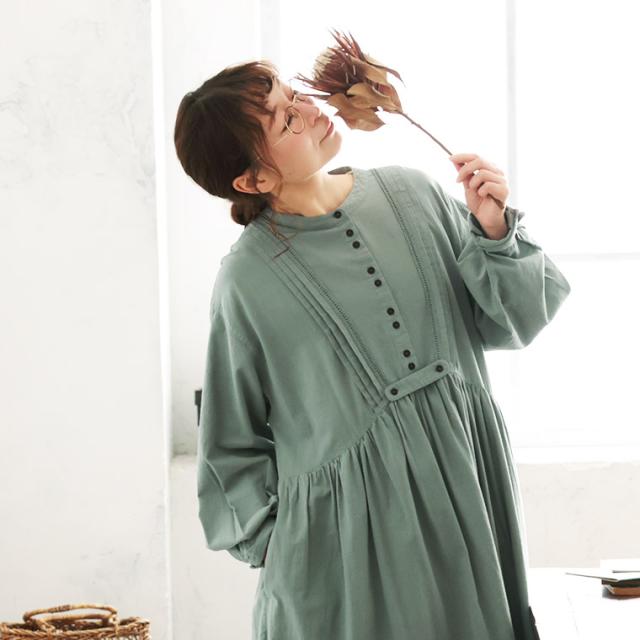 【ついに再入荷！】ブリードの森 アーモンドグリーンのワンピース レディース ロング フレア Aライン 長袖 ノーカラー ついに再入荷！】ブリードの森 アーモンドグリーンのワンピース