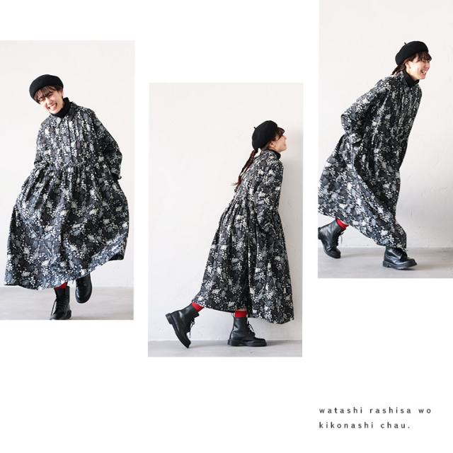 me］私の霜草花のワンピース レディース シャツワンピース ロング