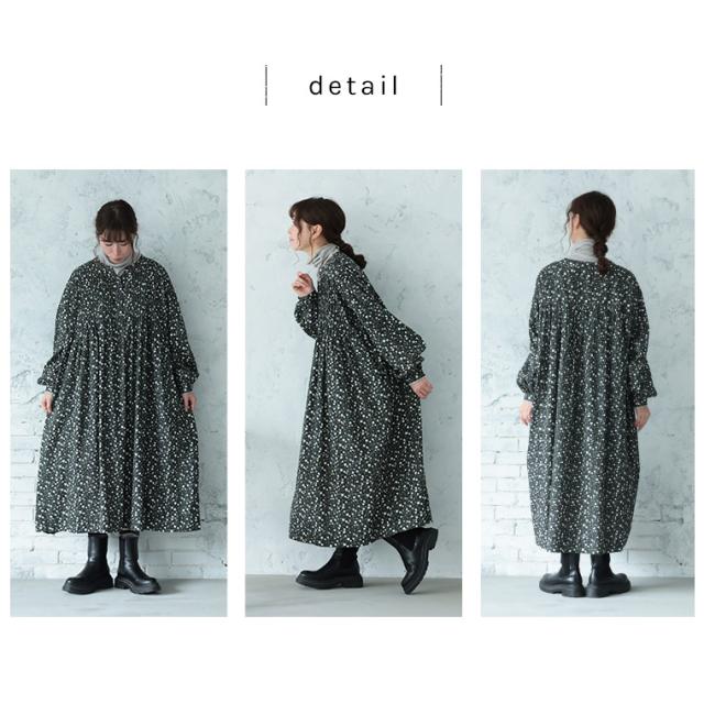 ふくろうと月 ゆきわり草のワンピース レディース ロング Aライン フレア パフスリーブ キーネック スキッパー風 綿 コットン_11