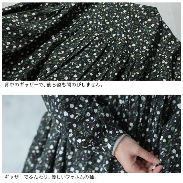 ふくろうと月 ゆきわり草のワンピース レディース ロング Aライン フレア パフスリーブ キーネック スキッパー風 綿 コットン_14