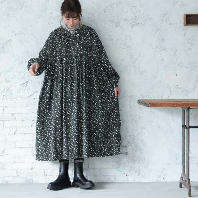 ふくろうと月 ゆきわり草のワンピース レディース ロング Aライン フレア パフスリーブ キーネック スキッパー風 綿 コットン_4