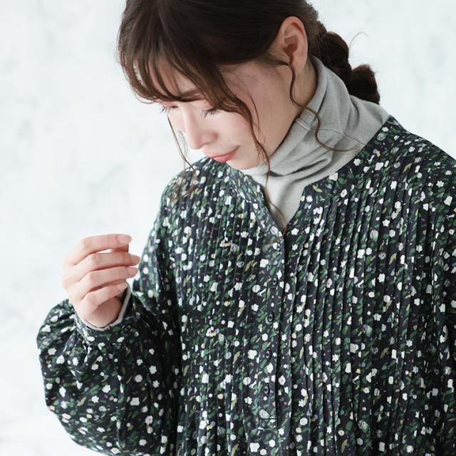ふくろうと月 ゆきわり草のワンピース レディース ロング Aライン フレア パフスリーブ キーネック スキッパー風 綿 コットン_5