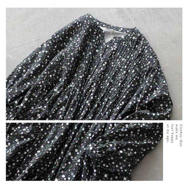 ふくろうと月 ゆきわり草のワンピース レディース ロング Aライン フレア パフスリーブ キーネック スキッパー風 綿 コットン_6