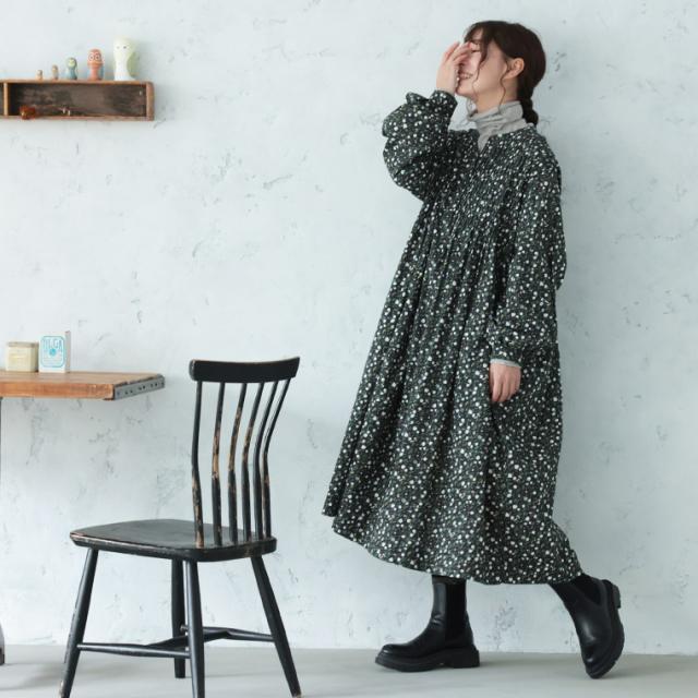 ふくろうと月 ゆきわり草のワンピース レディース ロング Aライン フレア パフスリーブ キーネック スキッパー風 綿 コットン_7