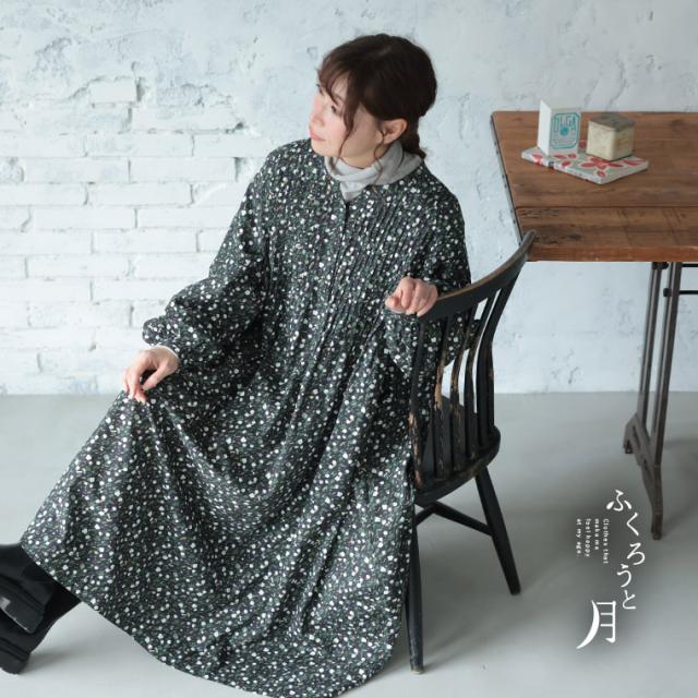ふくろうと月 ゆきわり草のワンピース レディース ロング Aライン フレア パフスリーブ キーネック スキッパー風 綿 コットン_9