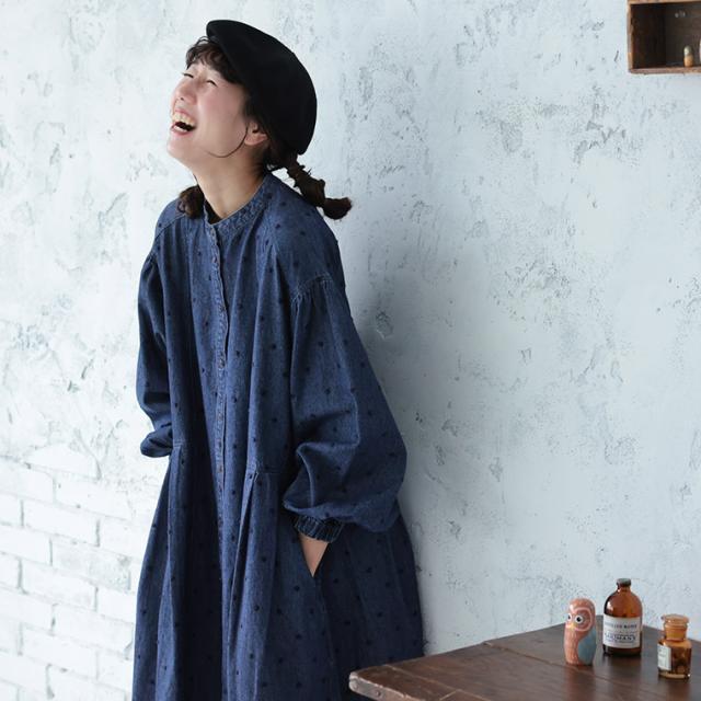 ふくろうと月 雨つぶ刺繍のデニムワンピース レディース ロング Aライン ノーカラー ジーンズ ドット_4