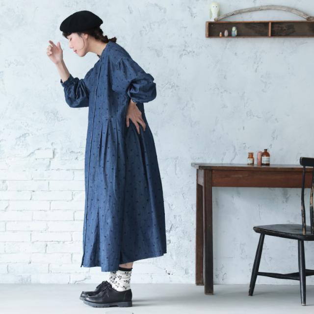 ふくろうと月 雨つぶ刺繍のデニムワンピース レディース ロング Aライン ノーカラー ジーンズ ドット_5