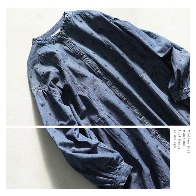 ふくろうと月 雨つぶ刺繍のデニムワンピース レディース ロング Aライン ノーカラー ジーンズ ドット_6