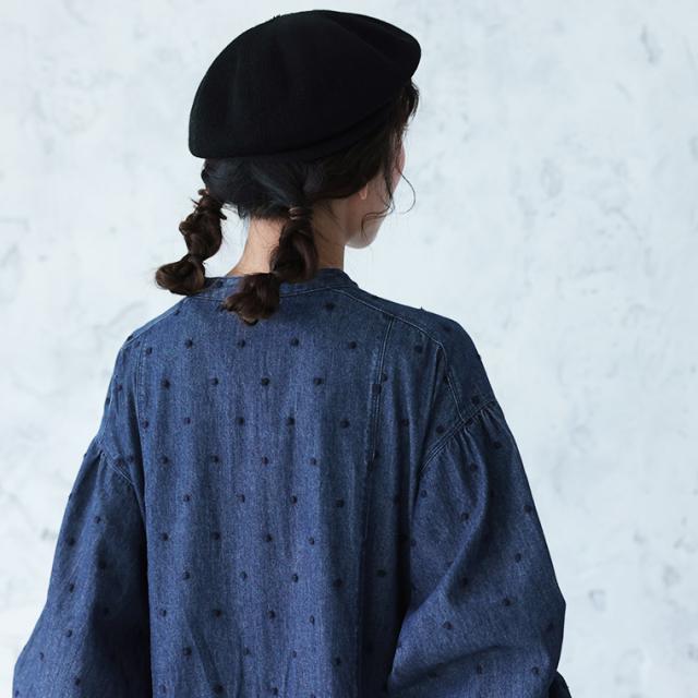 ふくろうと月 雨つぶ刺繍のデニムワンピース レディース ロング Aライン ノーカラー ジーンズ ドット_7