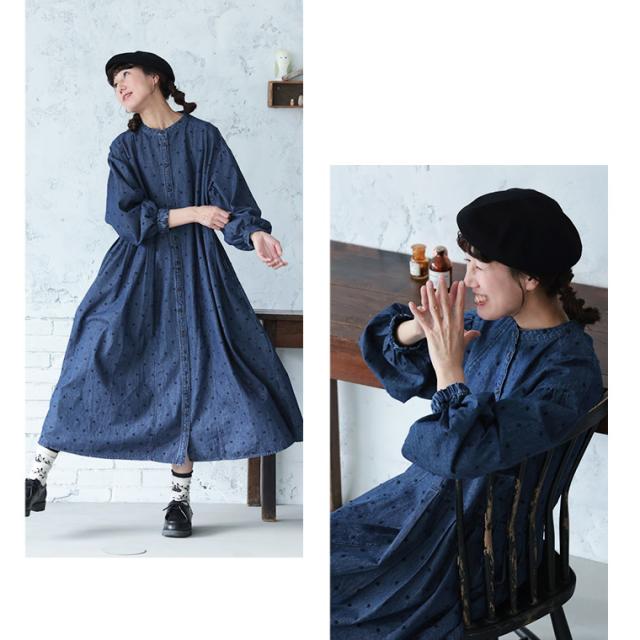 ふくろうと月 雨つぶ刺繍のデニムワンピース レディース ロング Aライン ノーカラー ジーンズ ドット_8