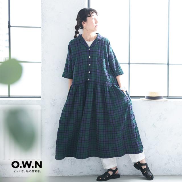O.W.N 夏するブラックウォッチのワンピース レディース ロング フレア Aライン 5分袖 半袖 オープンカラー チェック柄_8