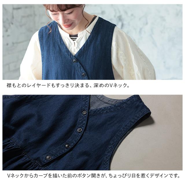 はちみつ堂 まあるいカーブのデニムワンピース レディース ジャンスカ ジャンパースカート ノースリーブ ロング フレア Vネック