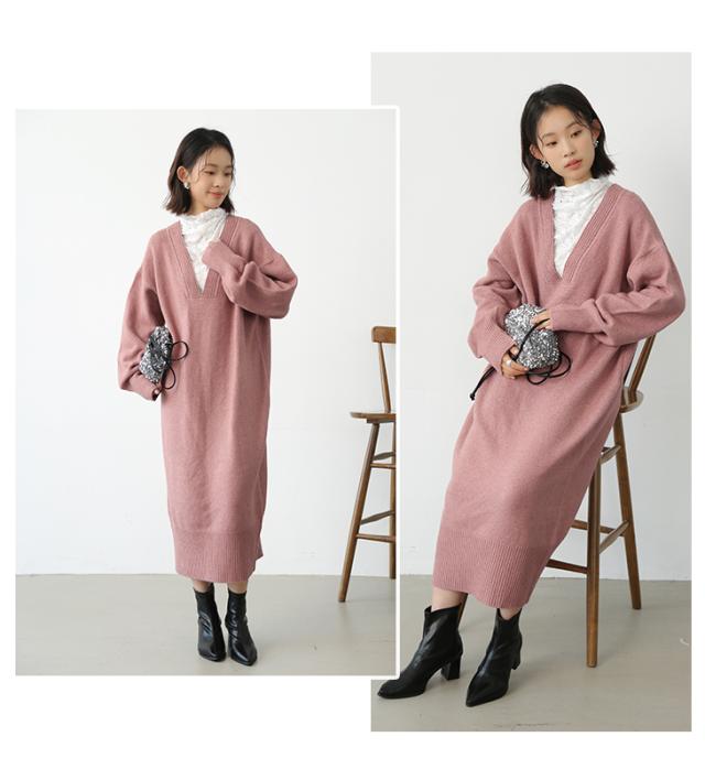 ディープVネックニットワンピース ロングワンピース カフタンデザイン