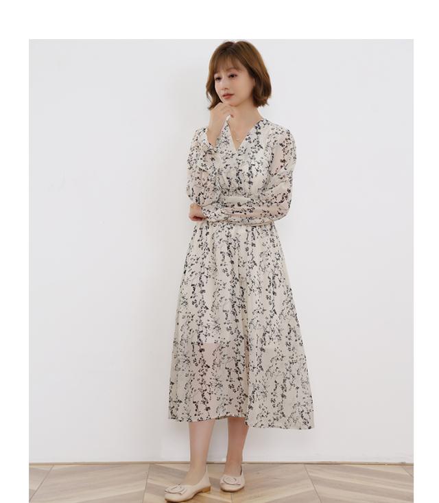 【送料込】レース 花柄 パフスリーブ Vネック マキシ ワンピース マキシパフスリーブ半袖Vネックスリム花柄レースワンピース