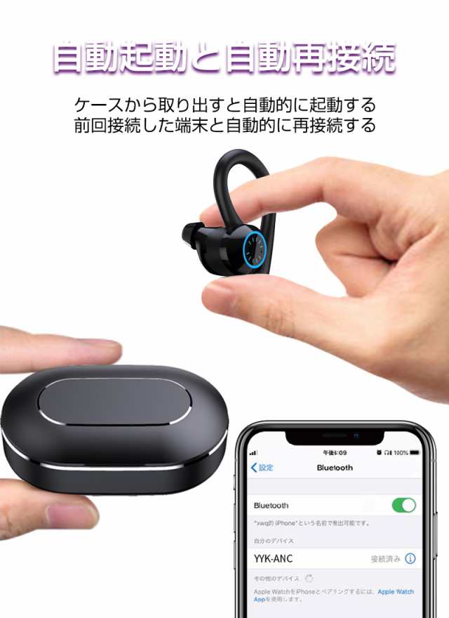 ワイヤレスイヤホンBluetoothでノイズキャンセリング　左右分離型で耳かけ