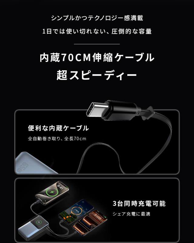 モバイルバッテリー 26800mAh 99.16Wh大容量 3台同時充電 ケーブル一体型 ポータブル 急速充電 PD対応 最大65W出力 ノートパソコン充電対応 iPhone/iPad/iOS/Android iPhone17/16充電 薄型軽量 コンパクト 新モデル 持ち運び 防災グッズ PSE認証【PL保険加入済み製品・安心】_2