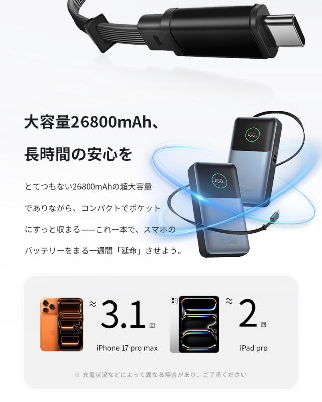 モバイルバッテリー 26800mAh 99.16Wh大容量 3台同時充電 ケーブル一体型 ポータブル 急速充電 PD対応 最大65W出力 ノートパソコン充電対応 iPhone/iPad/iOS/Android iPhone17/16充電 薄型軽量 コンパクト 新モデル 持ち運び 防災グッズ PSE認証【PL保険加入済み製品・安心】_5
