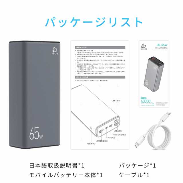 モバイルバッテリー 40000mAh 大容量 ポータブル電源 防災電源 パワーバンク ノートパソコン充電 ポリマー電池 PD 65W出力 QC3.0 PSE認証